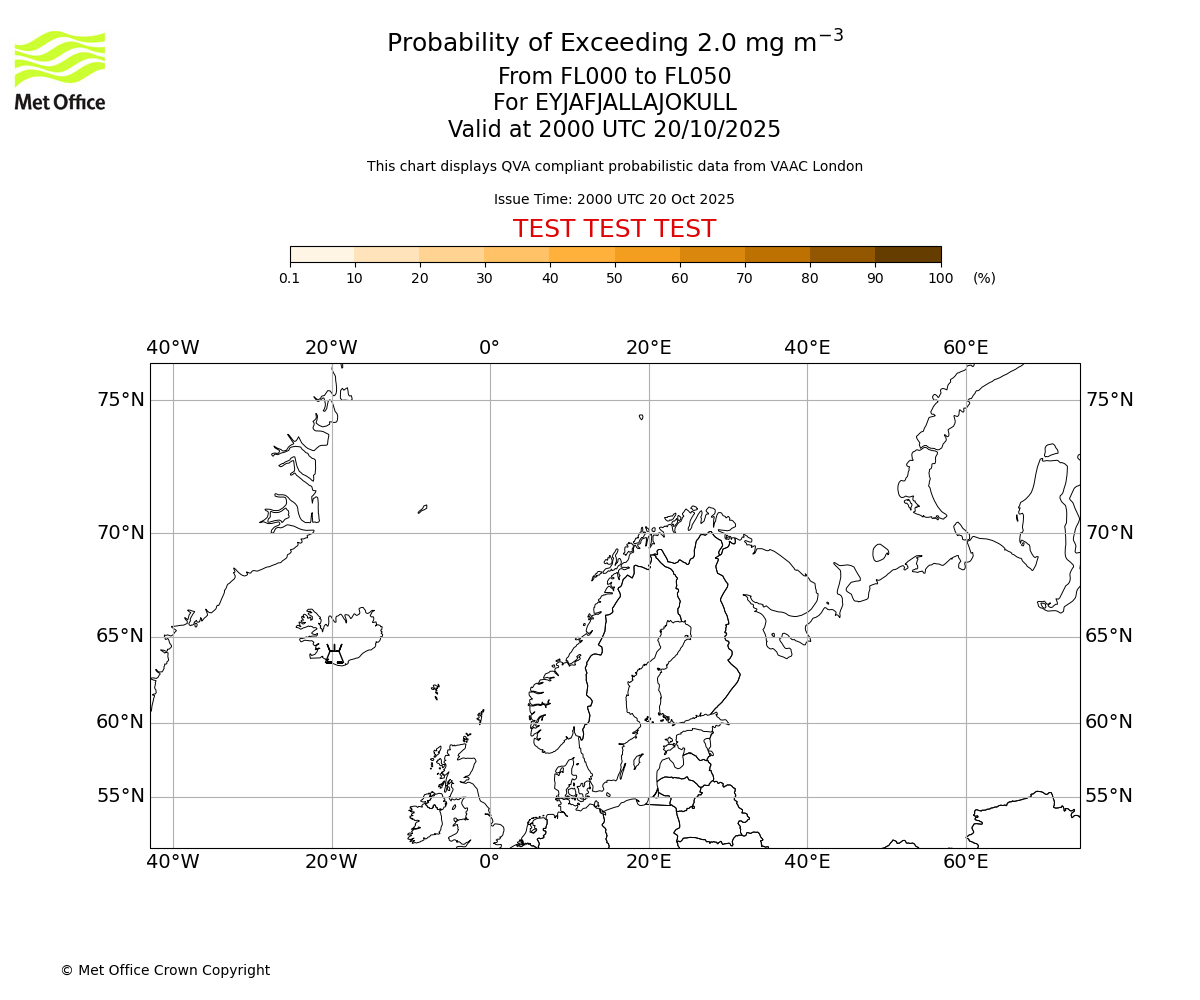 Probability of exceeding 2.0 milligrams per metre cubed. From 000 to 050 for EYJAFJALLAJOKULL. Valid at 2000 UTC 20/10/2025