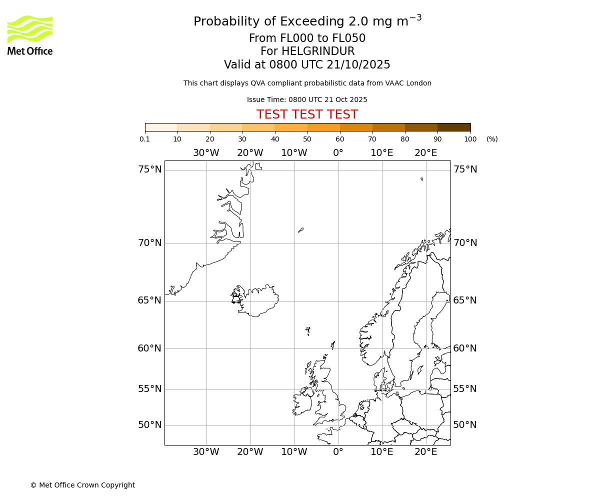 Probability of exceeding 2.0 milligrams per metre cubed. From 000 to 050 for HELGRINDUR. Valid at 0800 UTC 21/10/2025