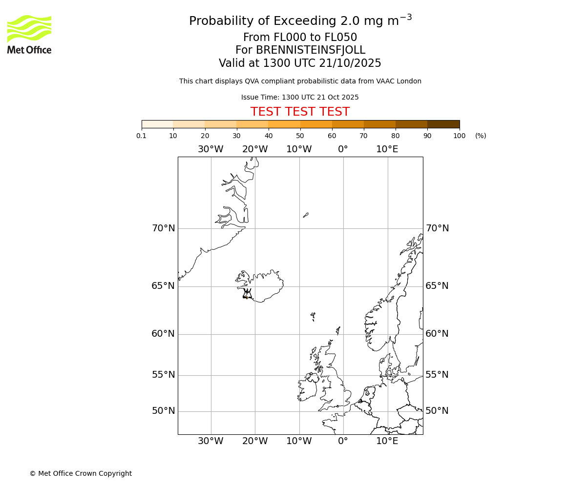 Probability of exceeding 2.0 milligrams per metre cubed. From 000 to 050 for BRENNISTEINSFJOLL. Valid at 1300 UTC 21/10/2025