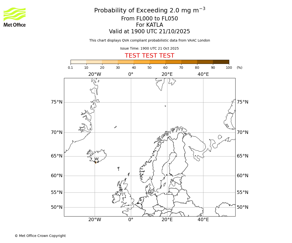 Probability of exceeding 2.0 milligrams per metre cubed. From 000 to 050 for KATLA. Valid at 1900 UTC 21/10/2025