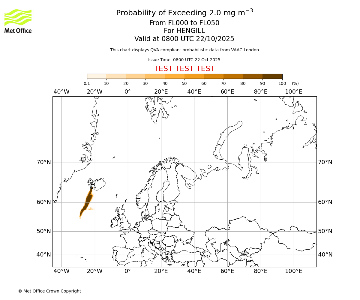 Probability of exceeding 2.0 milligrams per metre cubed. From 000 to 050 for HENGILL. Valid at 0800 UTC 22/10/2025