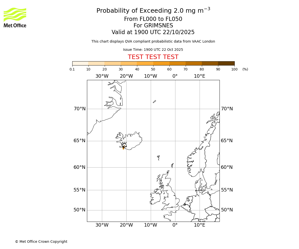 Probability of exceeding 2.0 milligrams per metre cubed. From 000 to 050 for GRIMSNES. Valid at 1900 UTC 22/10/2025