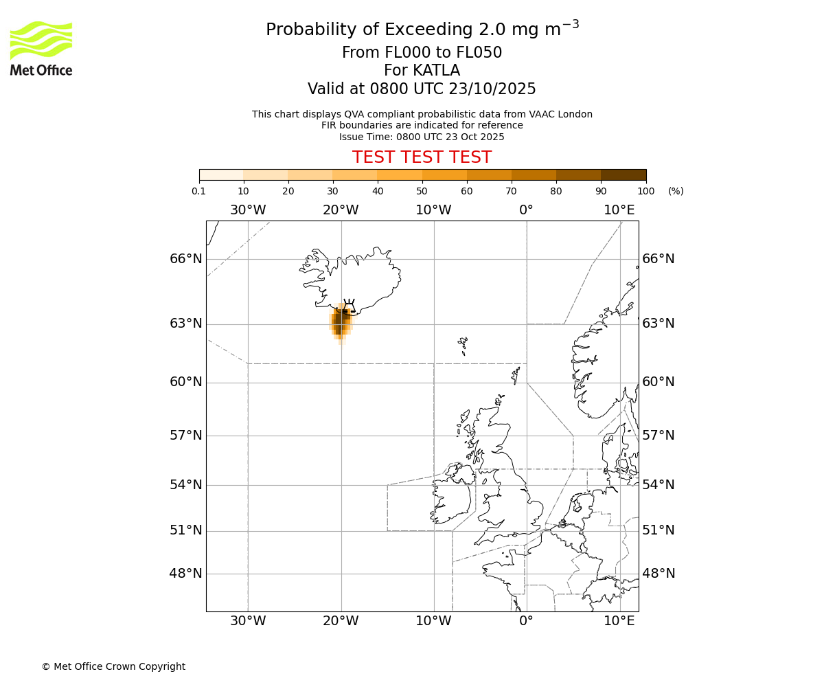 Probability of exceeding 2.0 milligrams per metre cubed. From 000 to 050 for KATLA. Valid at 0800 UTC 23/10/2025