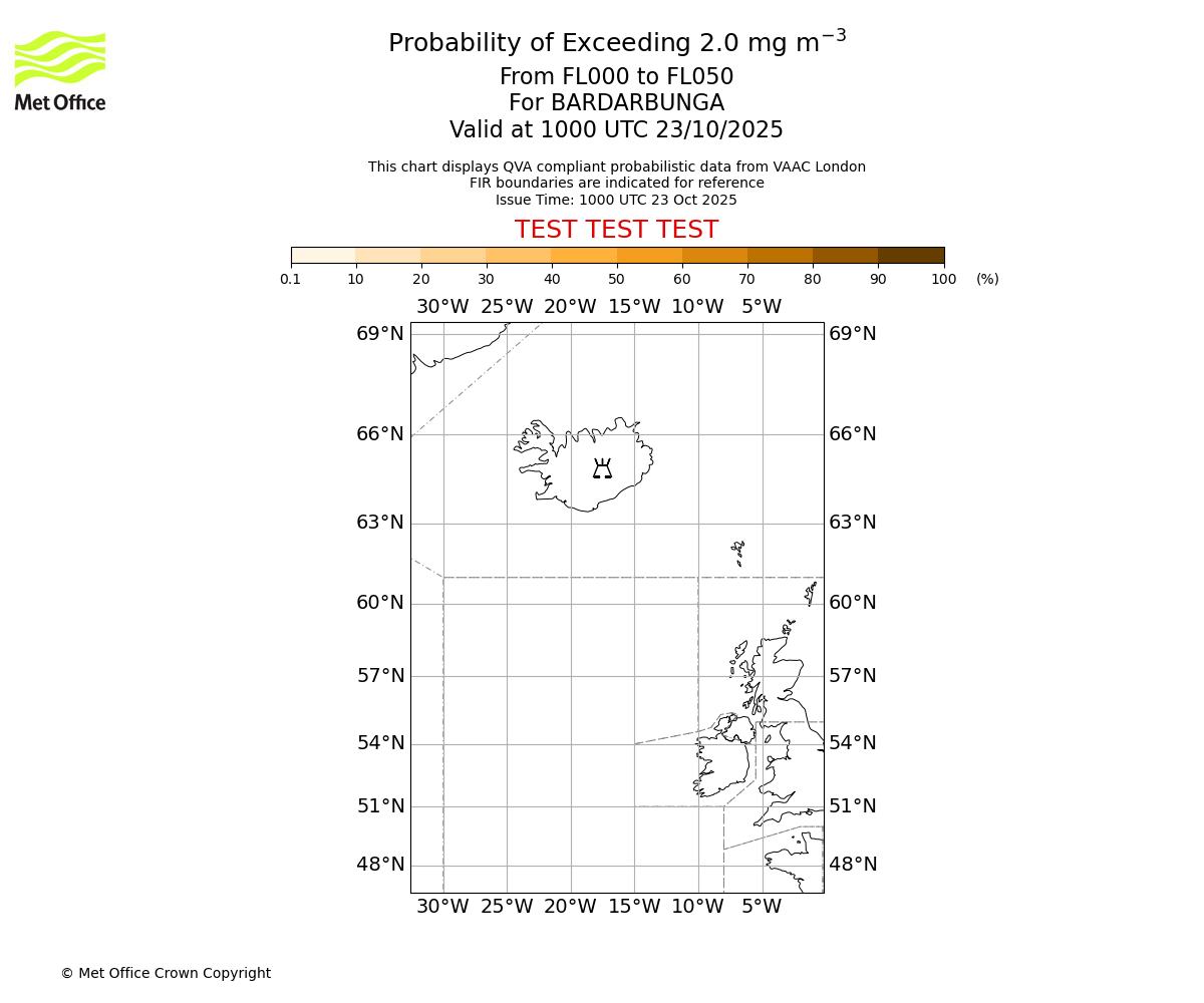 Probability of exceeding 2.0 milligrams per metre cubed. From 000 to 050 for BARDARBUNGA. Valid at 1000 UTC 23/10/2025