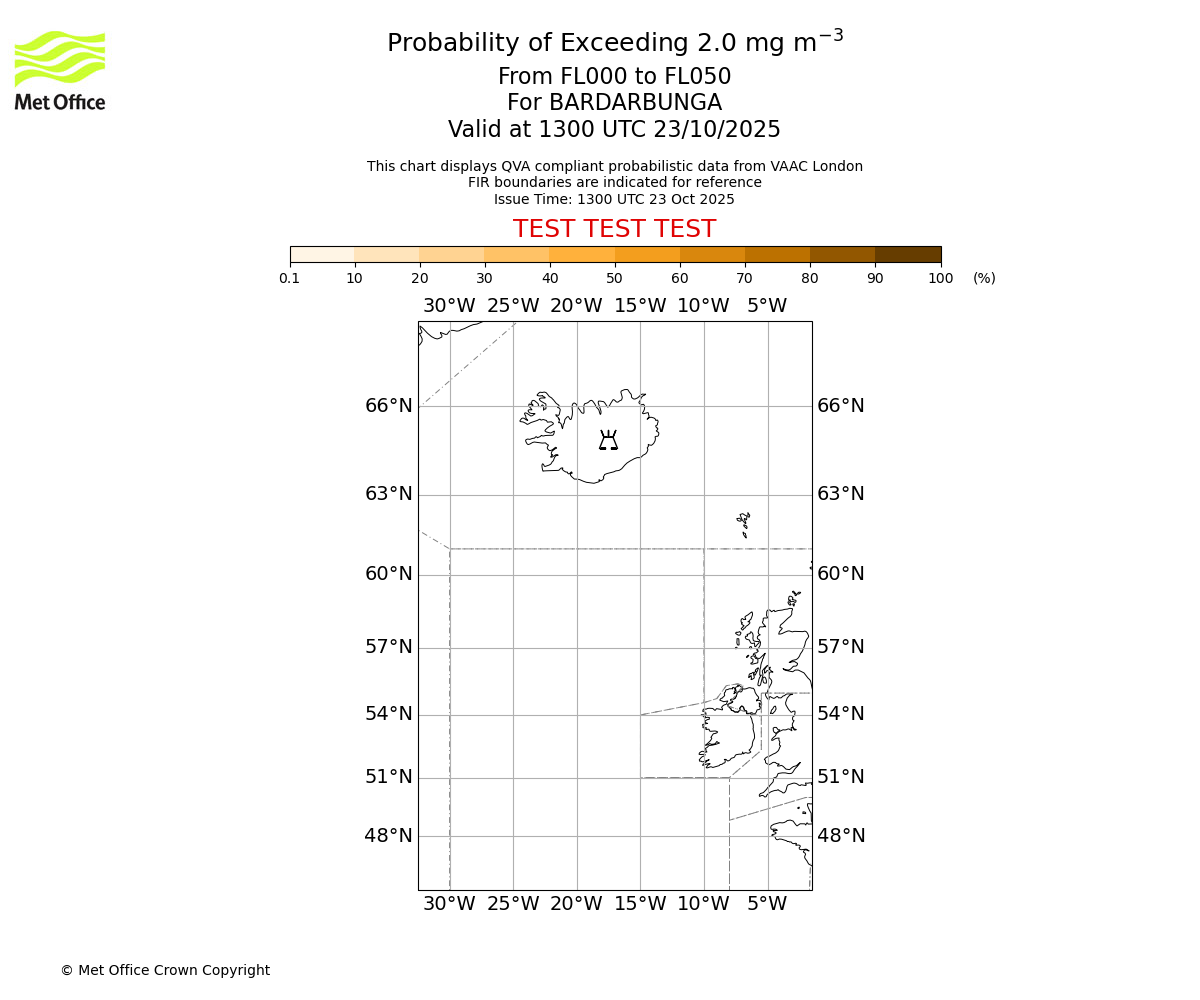 Probability of exceeding 2.0 milligrams per metre cubed. From 000 to 050 for BARDARBUNGA. Valid at 1300 UTC 23/10/2025