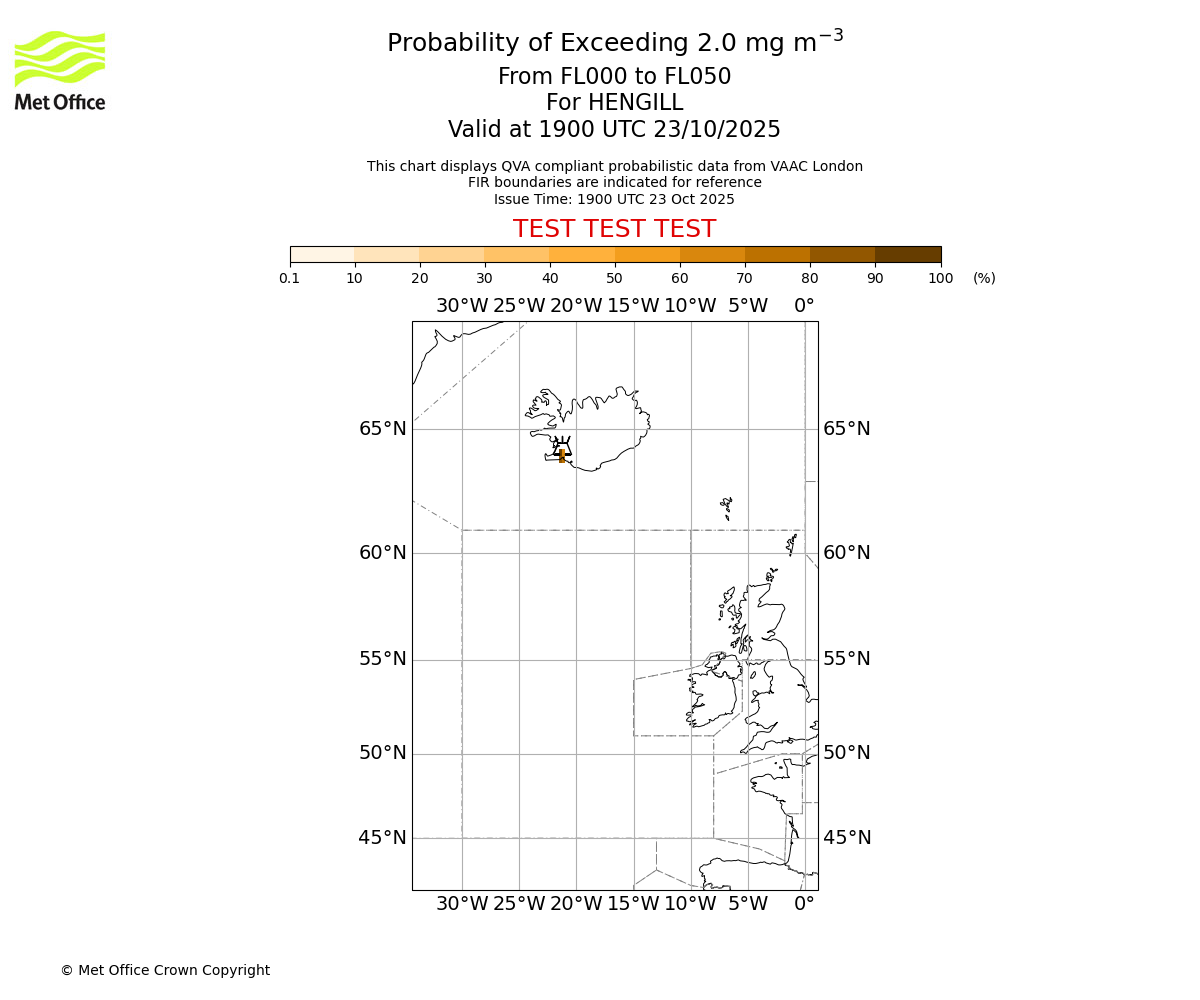 Probability of exceeding 2.0 milligrams per metre cubed. From 000 to 050 for HENGILL. Valid at 1900 UTC 23/10/2025