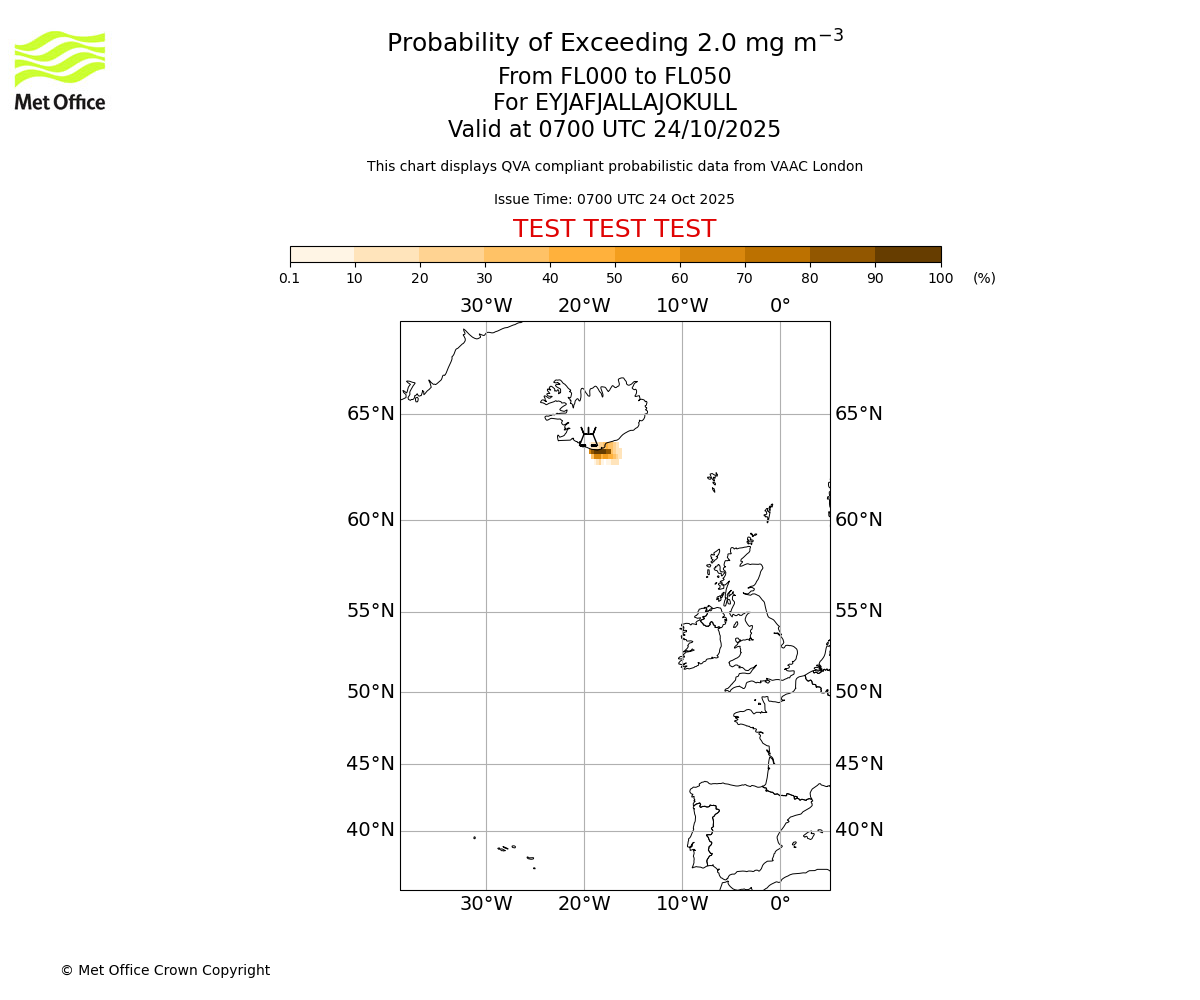 Probability of exceeding 2.0 milligrams per metre cubed. From 000 to 050 for EYJAFJALLAJOKULL. Valid at 0700 UTC 24/10/2025