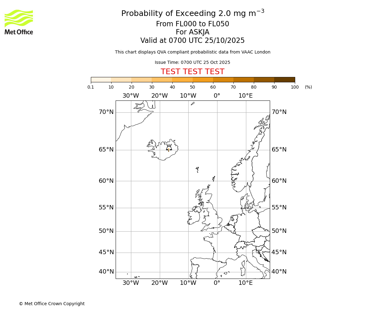 Probability of exceeding 2.0 milligrams per metre cubed. From 000 to 050 for ASKJA. Valid at 0700 UTC 25/10/2025