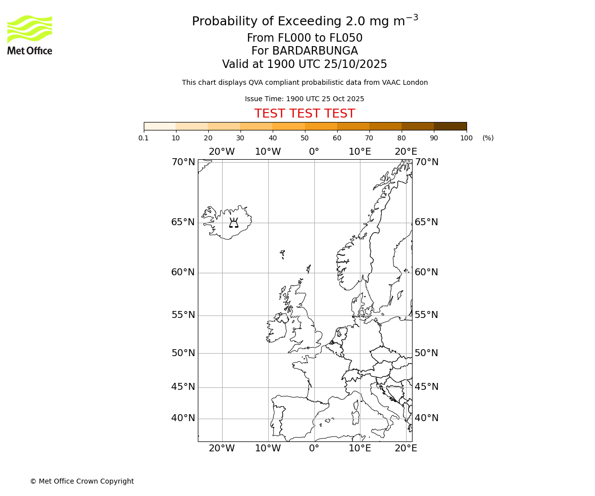 Probability of exceeding 2.0 milligrams per metre cubed. From 000 to 050 for BARDARBUNGA. Valid at 1900 UTC 25/10/2025