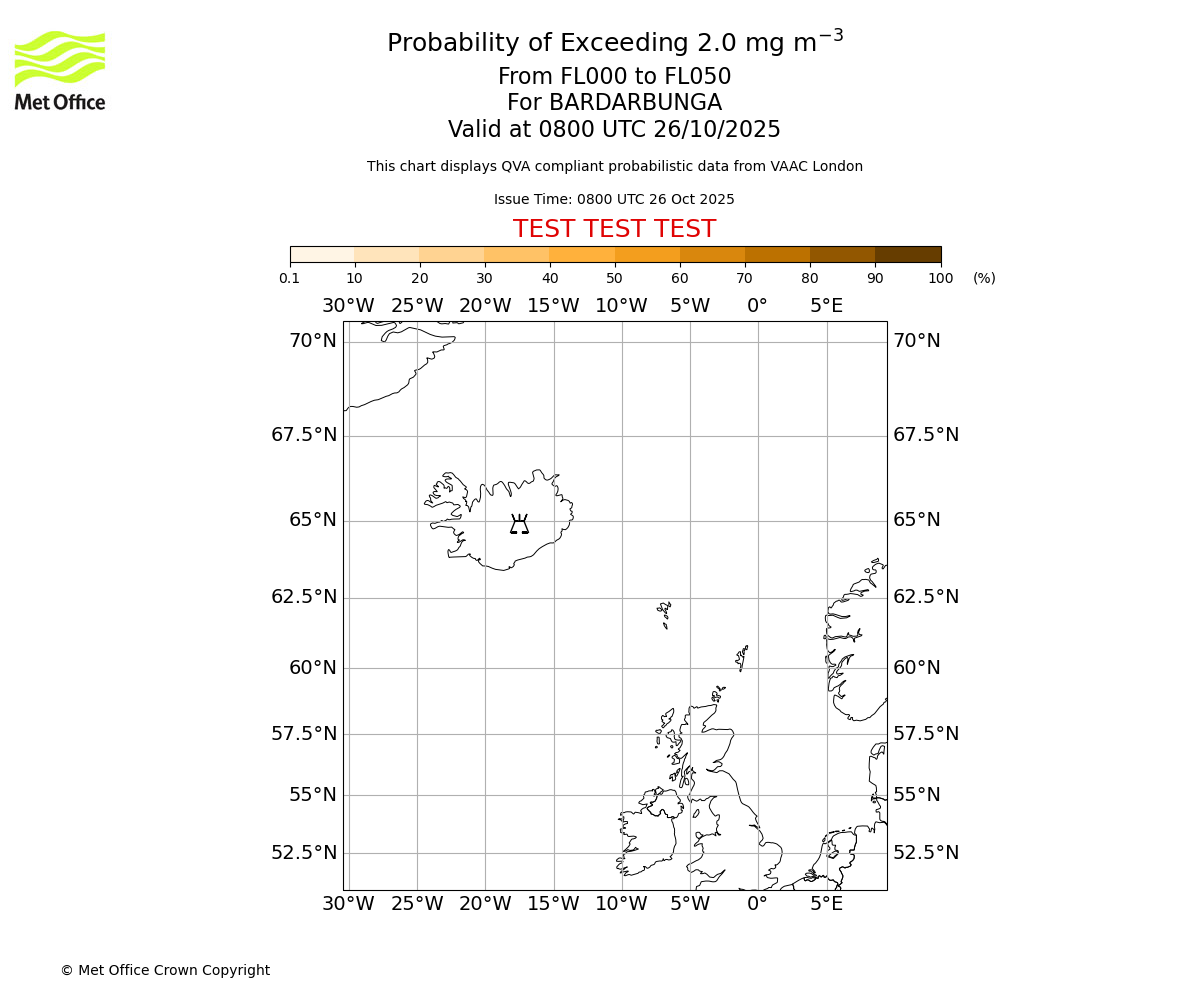 Probability of exceeding 2.0 milligrams per metre cubed. From 000 to 050 for BARDARBUNGA. Valid at 0800 UTC 26/10/2025