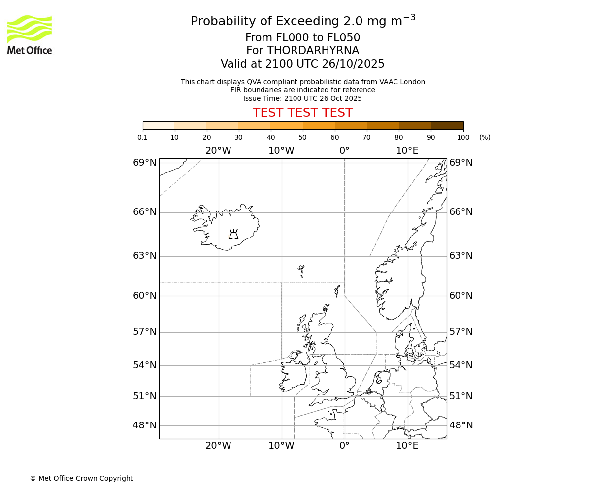 Probability of exceeding 2.0 milligrams per metre cubed. From 000 to 050 for THORDARHYRNA. Valid at 2100 UTC 26/10/2025
