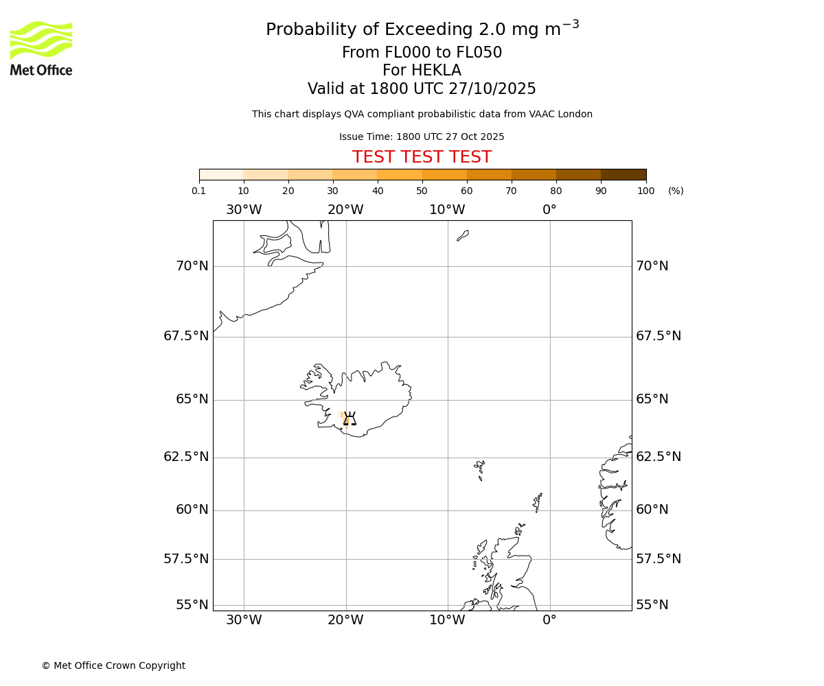 Probability of exceeding 2.0 milligrams per metre cubed. From 000 to 050 for HEKLA. Valid at 1800 UTC 27/10/2025