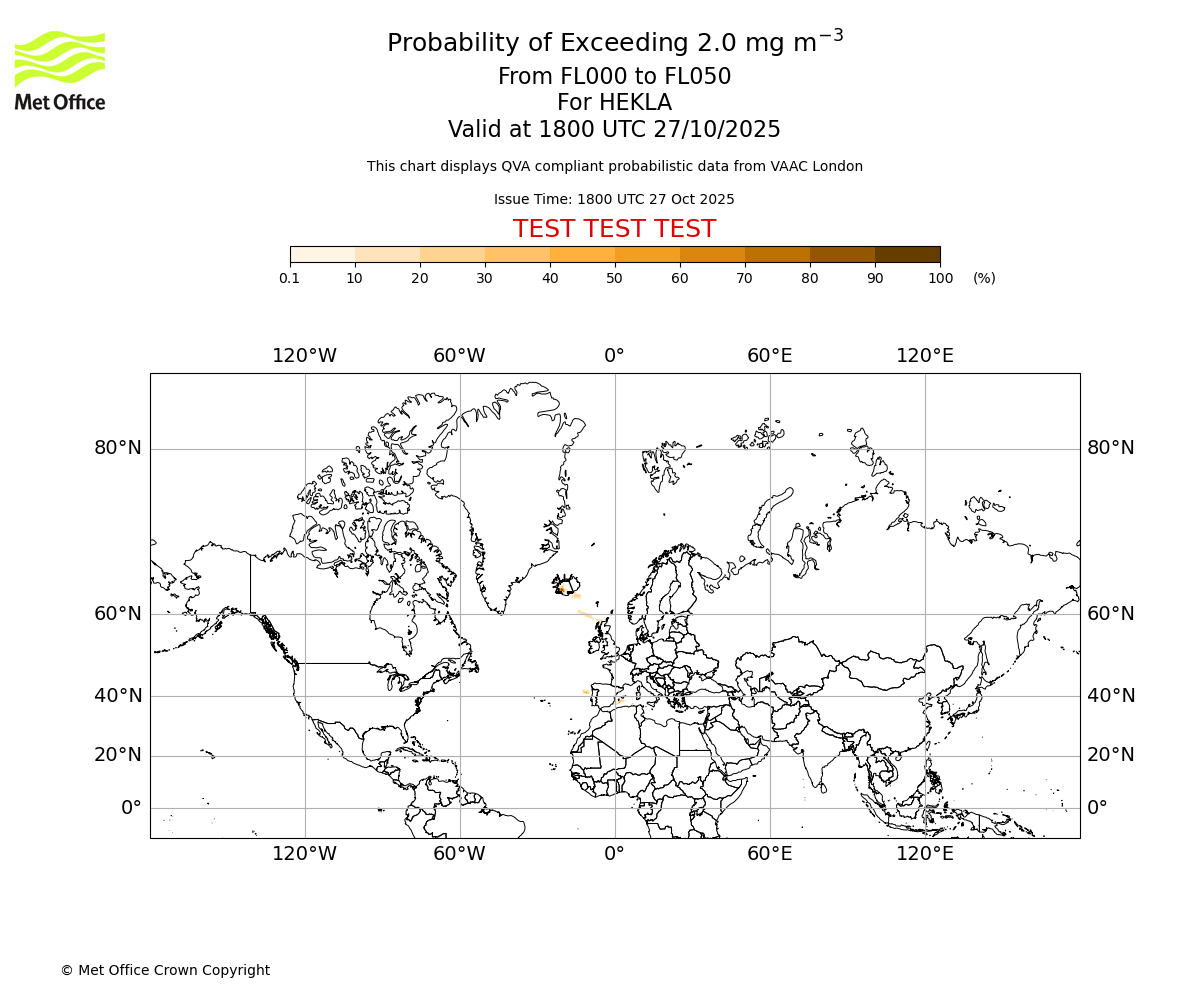 Probability of exceeding 2.0 milligrams per metre cubed. From 000 to 050 for HEKLA. Valid at 1800 UTC 27/10/2025