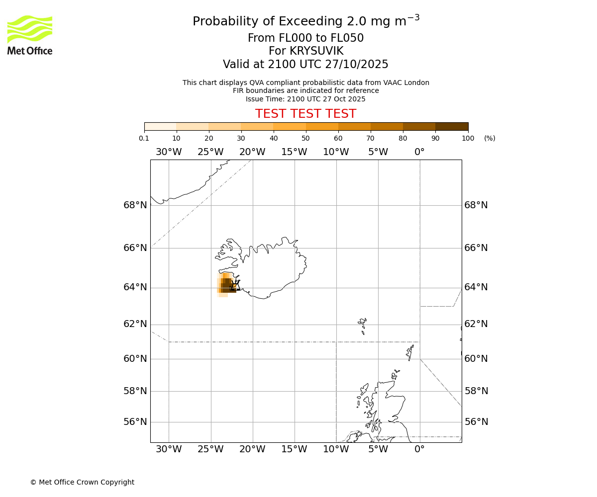 Probability of exceeding 2.0 milligrams per metre cubed. From 000 to 050 for KRYSUVIK. Valid at 2100 UTC 27/10/2025
