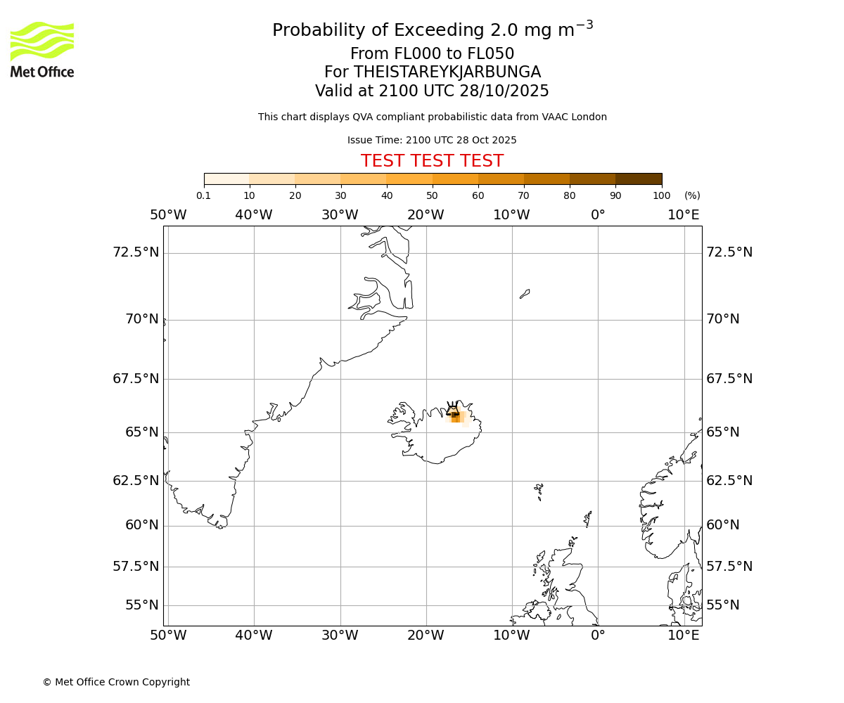 Probability of exceeding 2.0 milligrams per metre cubed. From 000 to 050 for THEISTAREYKJARBUNGA. Valid at 2100 UTC 28/10/2025