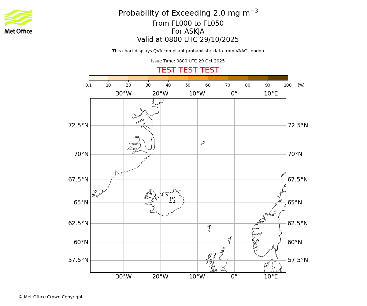 Probability of exceeding 2.0 milligrams per metre cubed. From 000 to 050 for ASKJA. Valid at 0800 UTC 29/10/2025