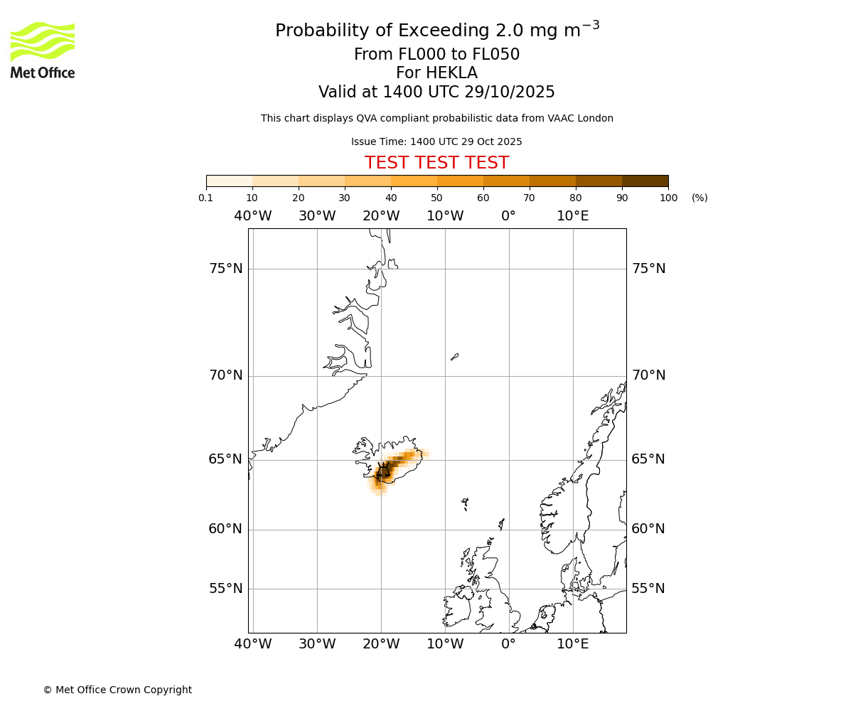 Probability of exceeding 2.0 milligrams per metre cubed. From 000 to 050 for HEKLA. Valid at 1400 UTC 29/10/2025