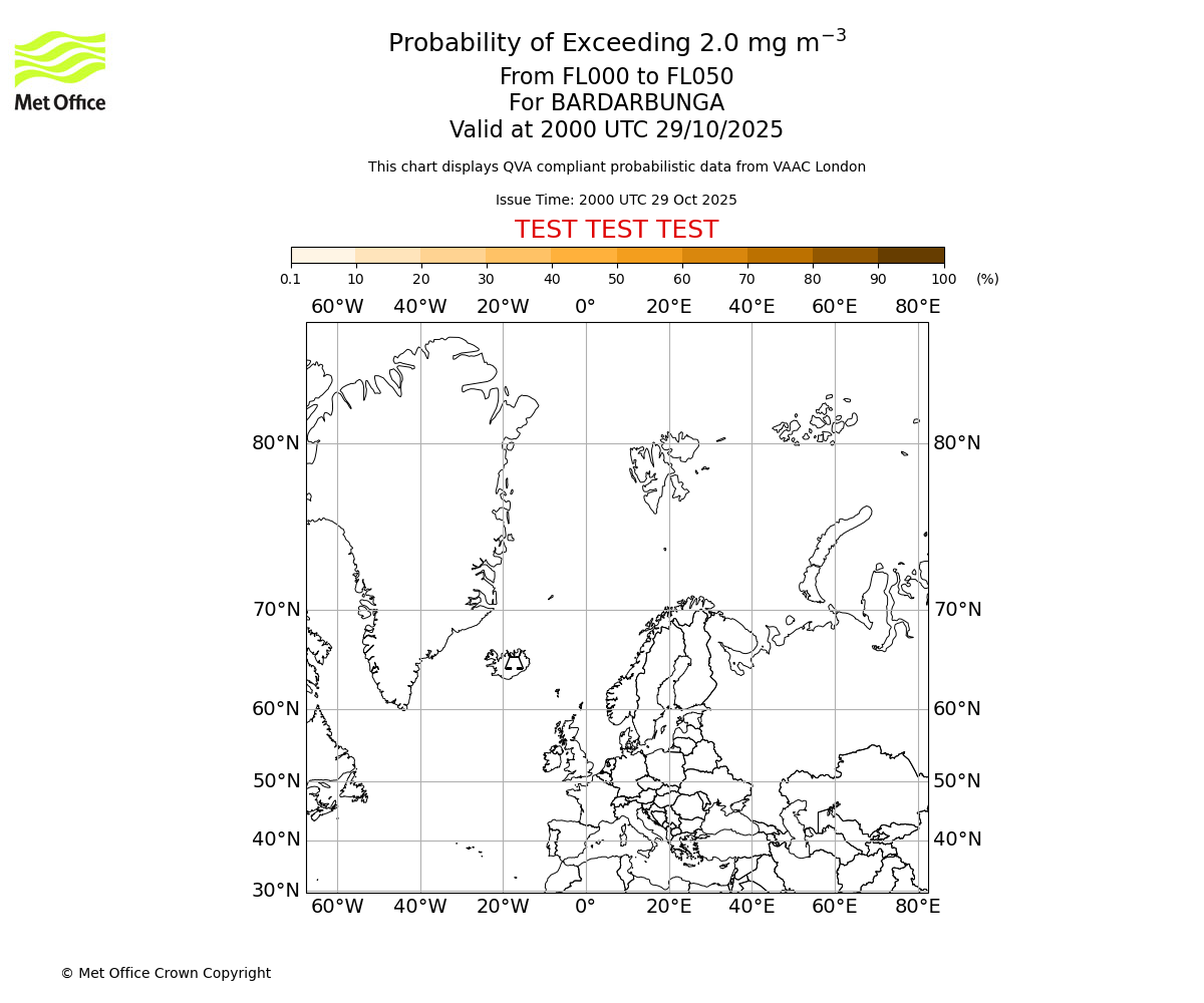 Probability of exceeding 2.0 milligrams per metre cubed. From 000 to 050 for BARDARBUNGA. Valid at 2000 UTC 29/10/2025
