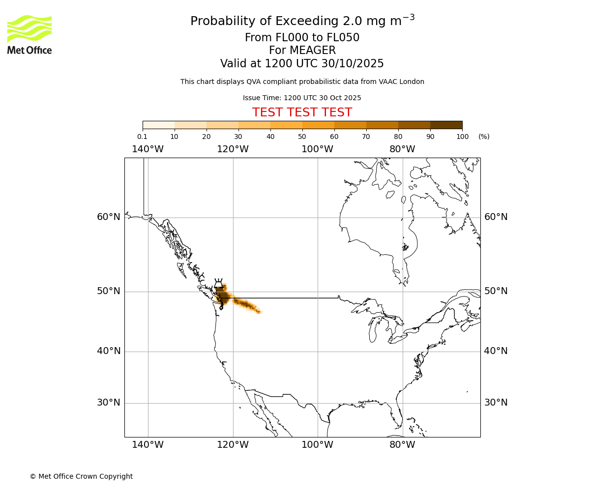 Probability of exceeding 2.0 milligrams per metre cubed. From 000 to 050 for MEAGER. Valid at 1200 UTC 30/10/2025