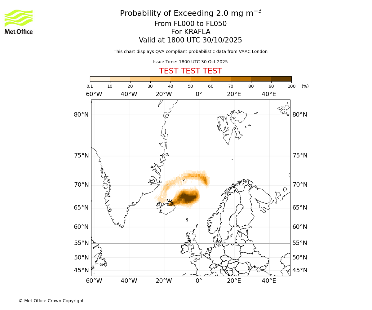 Probability of exceeding 2.0 milligrams per metre cubed. From 000 to 050 for KRAFLA. Valid at 1800 UTC 30/10/2025