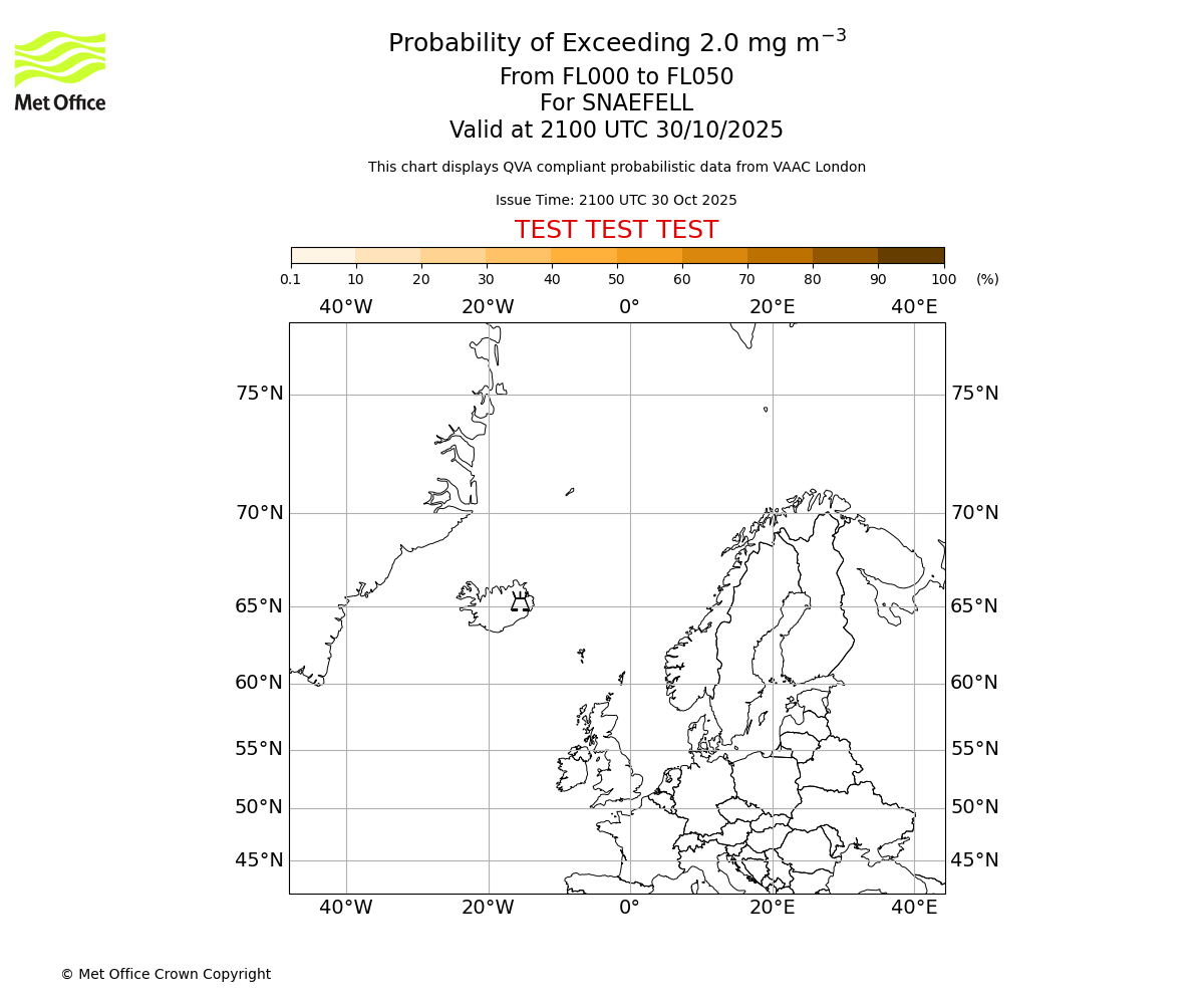 Probability of exceeding 2.0 milligrams per metre cubed. From 000 to 050 for SNAEFELL. Valid at 2100 UTC 30/10/2025