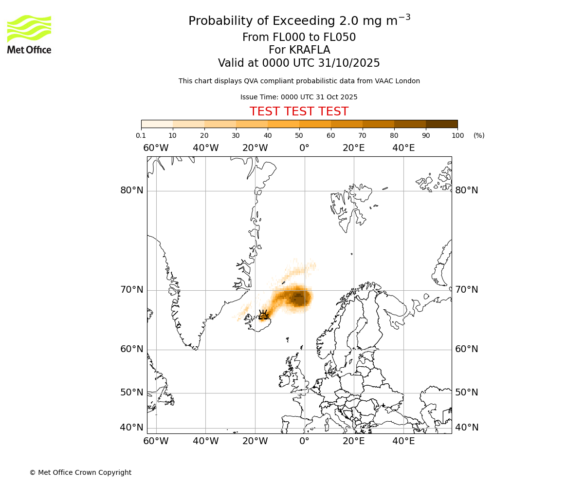 Probability of exceeding 2.0 milligrams per metre cubed. From 000 to 050 for KRAFLA. Valid at 0000 UTC 31/10/2025