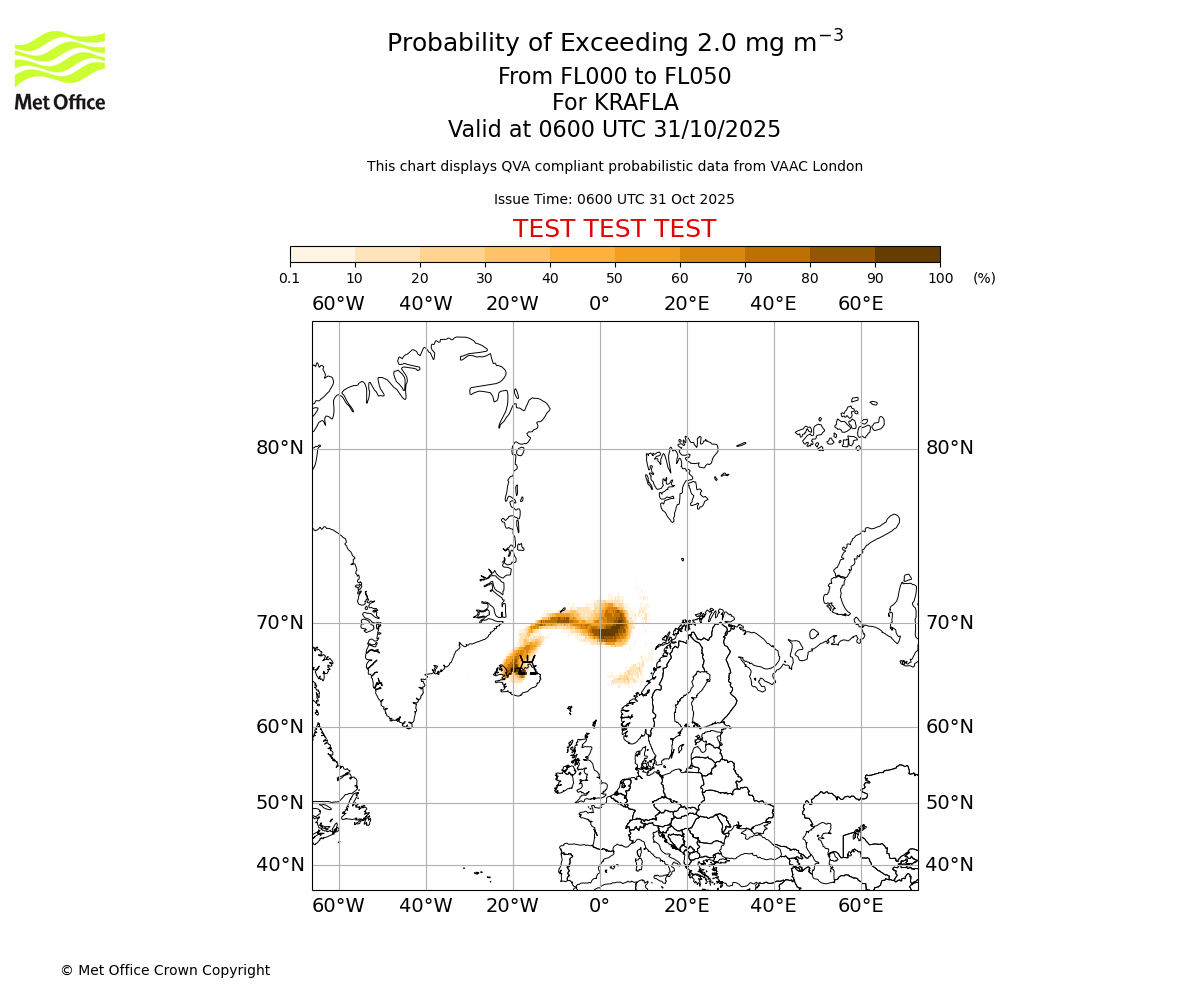 Probability of exceeding 2.0 milligrams per metre cubed. From 000 to 050 for KRAFLA. Valid at 0600 UTC 31/10/2025