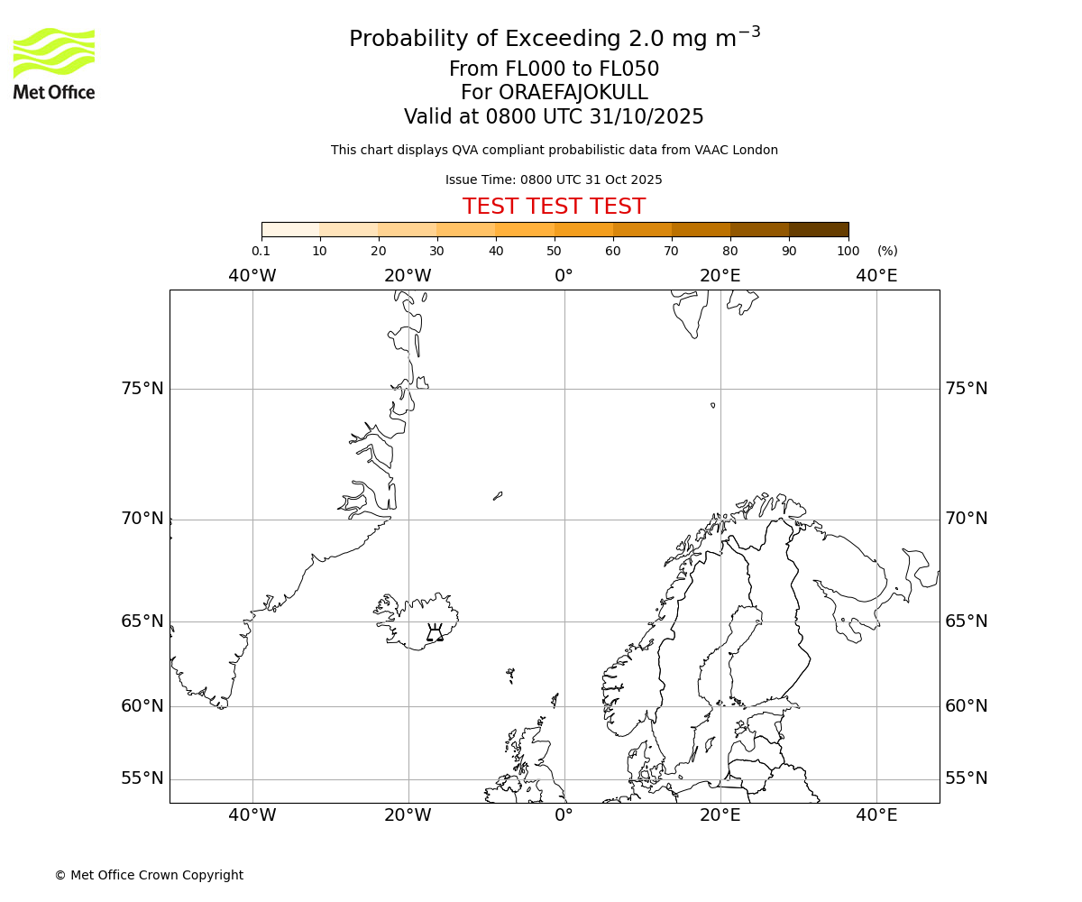 Probability of exceeding 2.0 milligrams per metre cubed. From 000 to 050 for ORAEFAJOKULL. Valid at 0800 UTC 31/10/2025