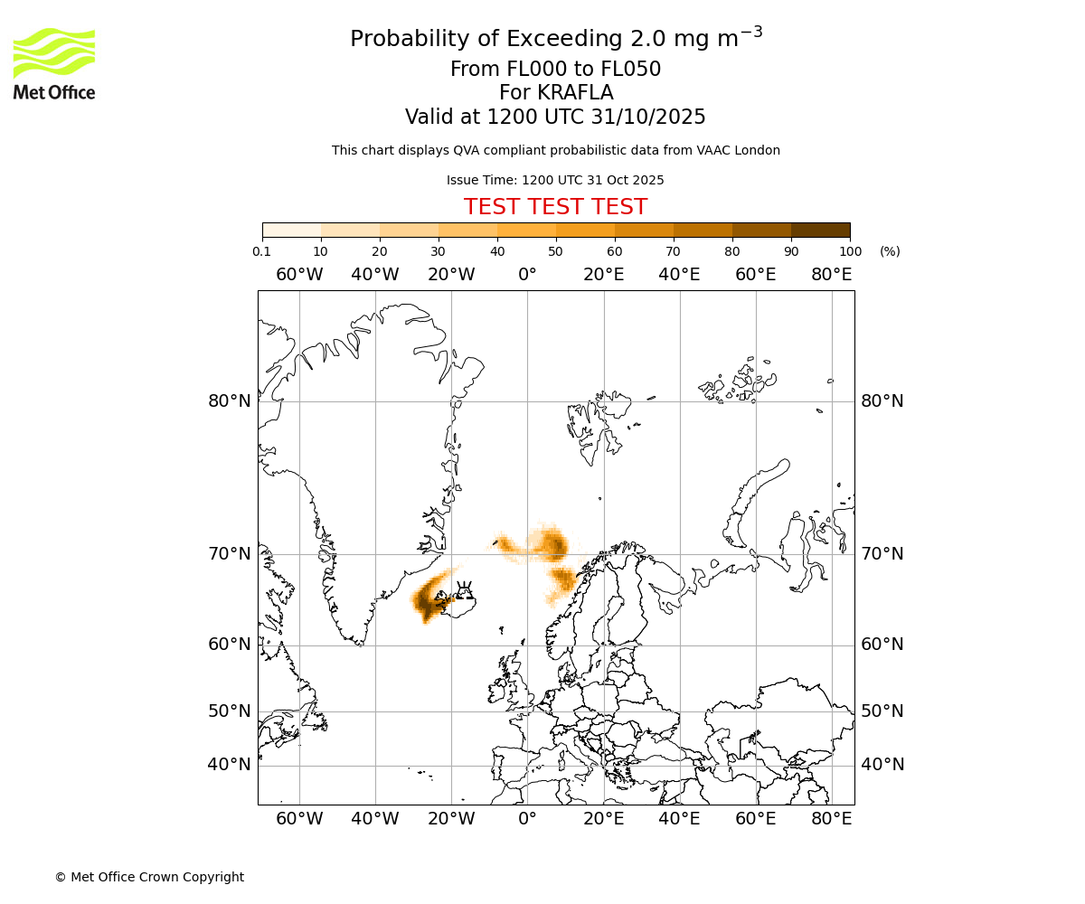Probability of exceeding 2.0 milligrams per metre cubed. From 000 to 050 for KRAFLA. Valid at 1200 UTC 31/10/2025