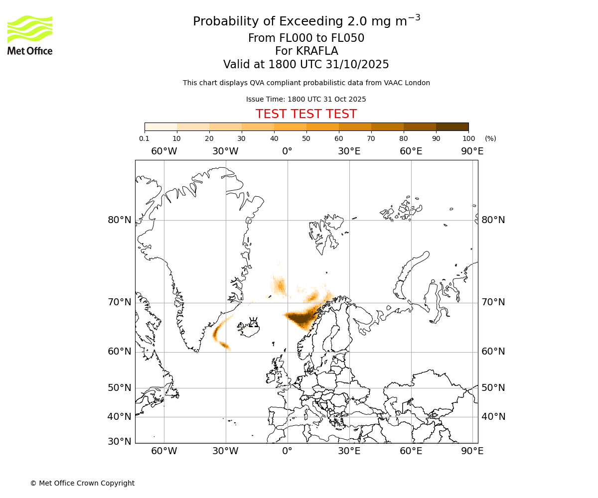 Probability of exceeding 2.0 milligrams per metre cubed. From 000 to 050 for KRAFLA. Valid at 1800 UTC 31/10/2025
