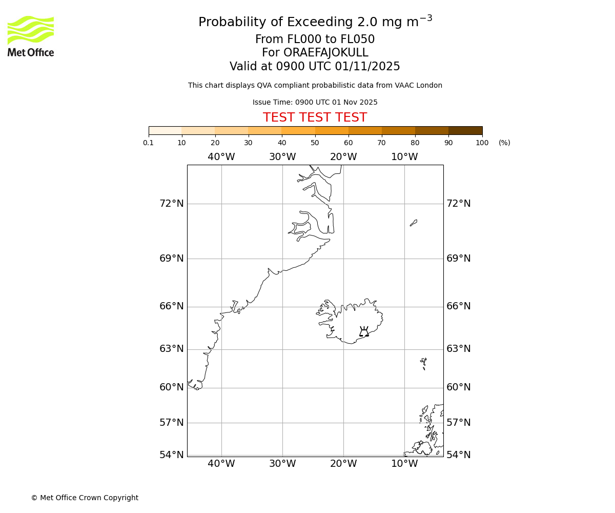 Probability of exceeding 2.0 milligrams per metre cubed. From 000 to 050 for ORAEFAJOKULL. Valid at 0900 UTC 01/11/2025