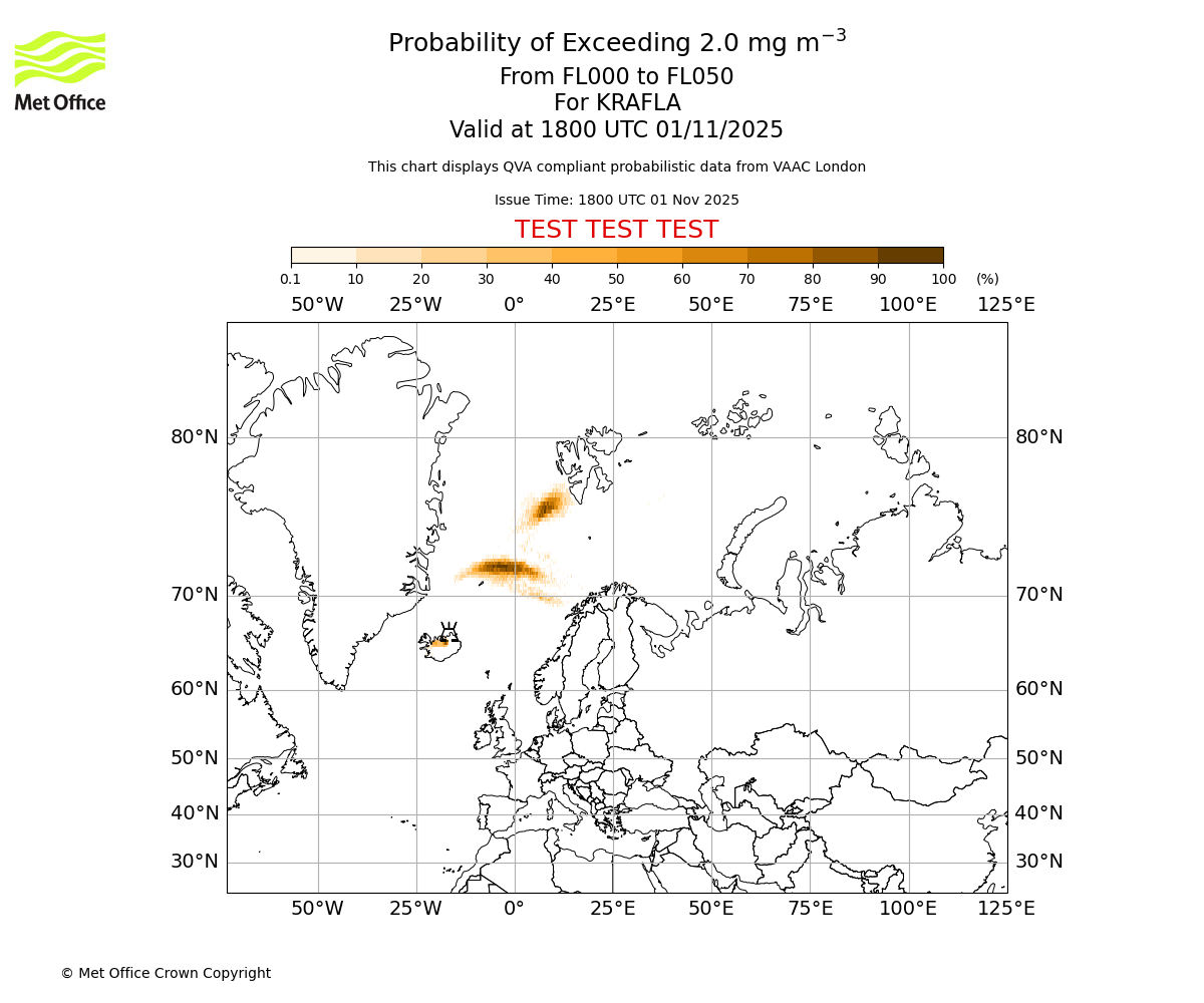 Probability of exceeding 2.0 milligrams per metre cubed. From 000 to 050 for KRAFLA. Valid at 1800 UTC 01/11/2025