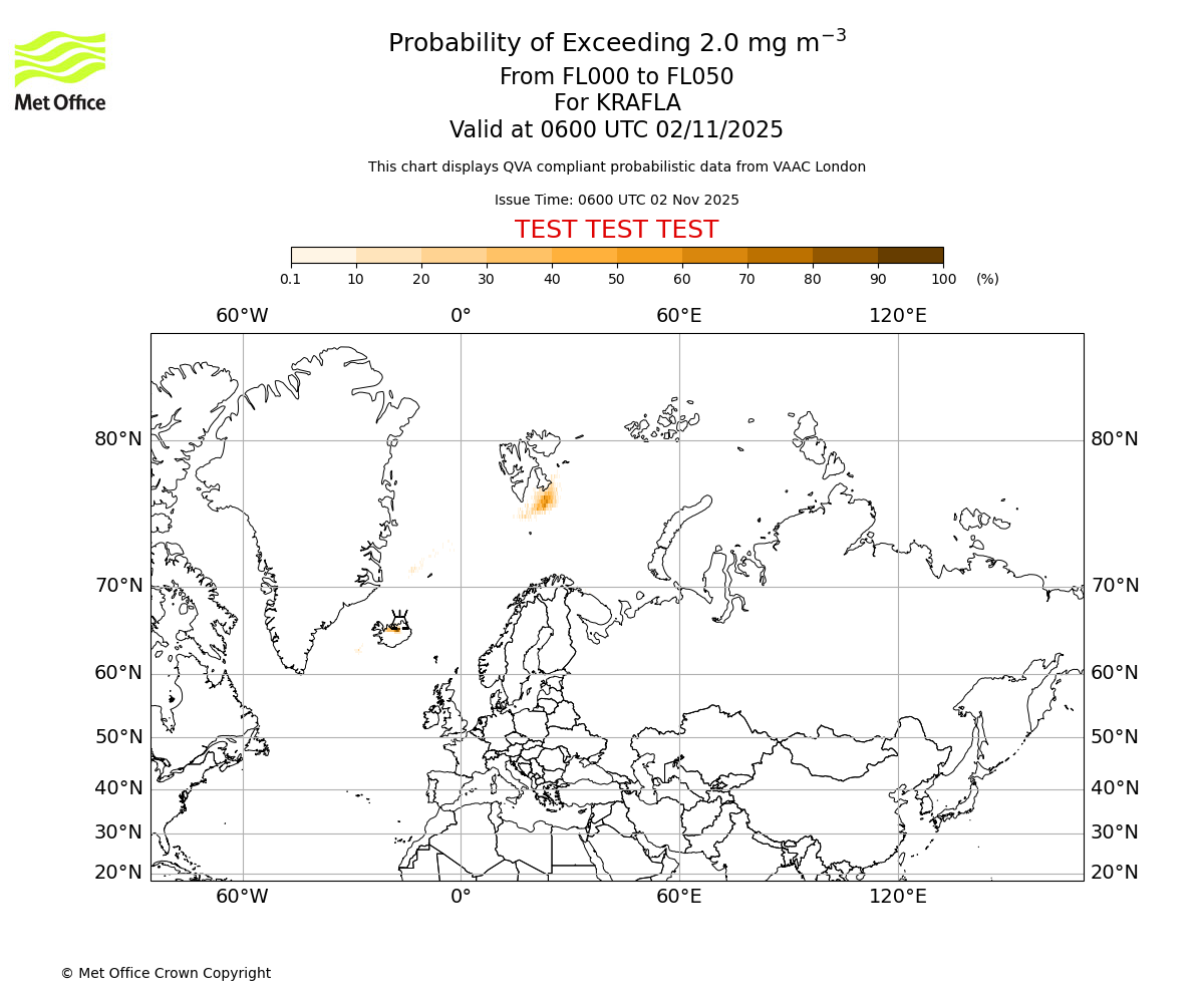 Probability of exceeding 2.0 milligrams per metre cubed. From 000 to 050 for KRAFLA. Valid at 0600 UTC 02/11/2025