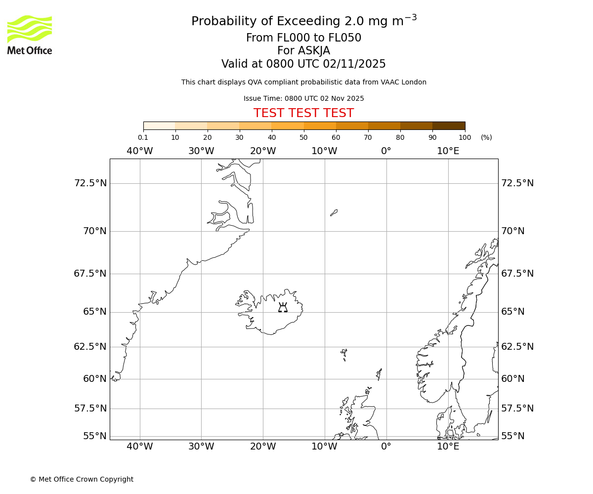 Probability of exceeding 2.0 milligrams per metre cubed. From 000 to 050 for ASKJA. Valid at 0800 UTC 02/11/2025
