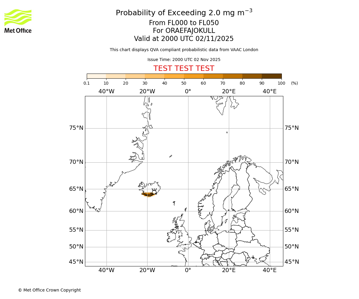 Probability of exceeding 2.0 milligrams per metre cubed. From 000 to 050 for ORAEFAJOKULL. Valid at 2000 UTC 02/11/2025