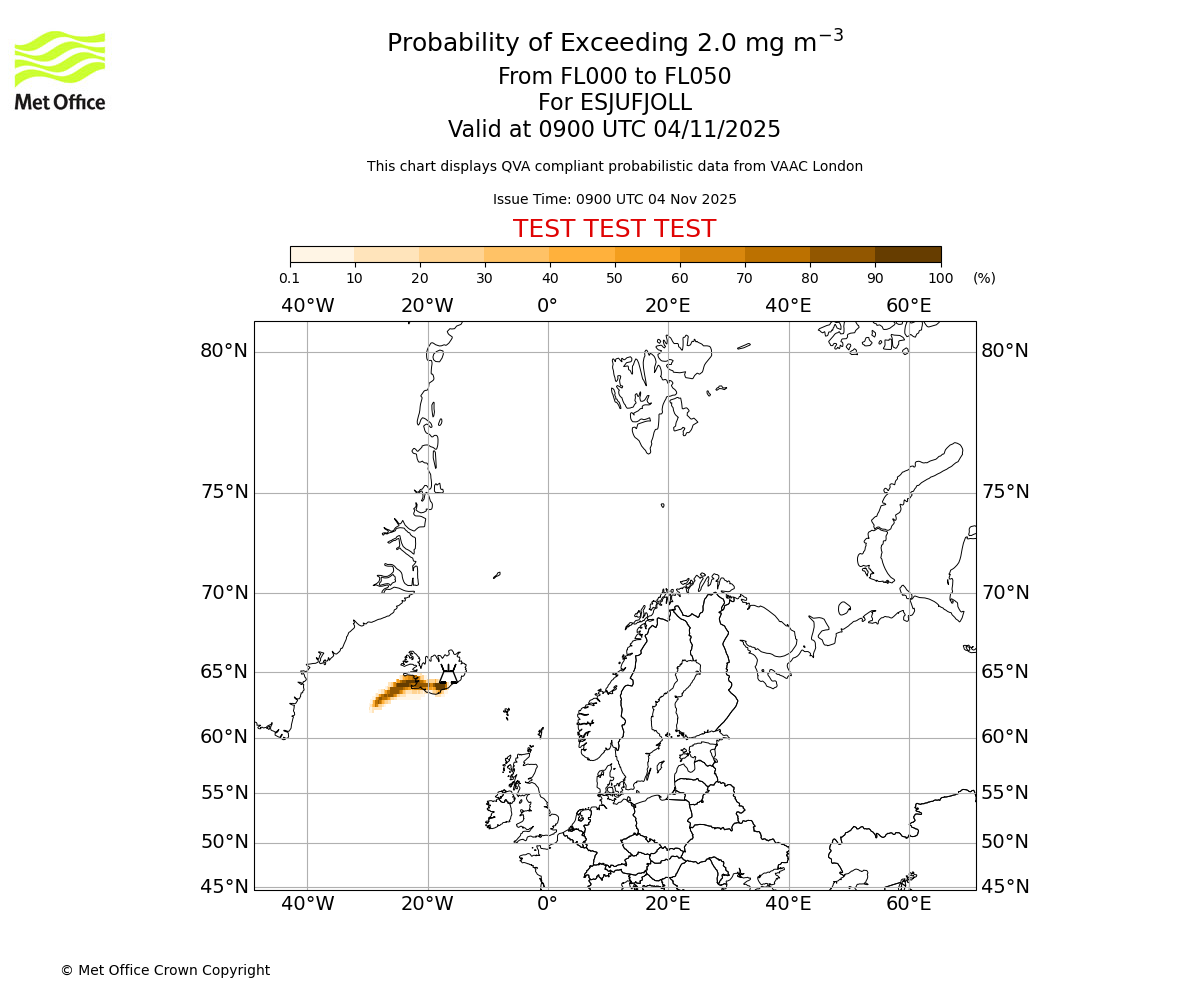 Probability of exceeding 2.0 milligrams per metre cubed. From 000 to 050 for ESJUFJOLL. Valid at 0900 UTC 04/11/2025