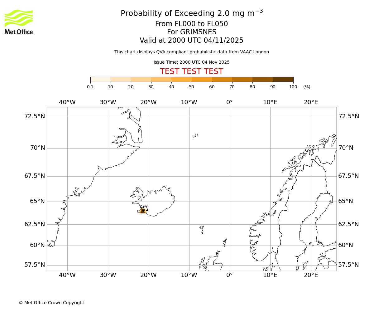 Probability of exceeding 2.0 milligrams per metre cubed. From 000 to 050 for GRIMSNES. Valid at 2000 UTC 04/11/2025