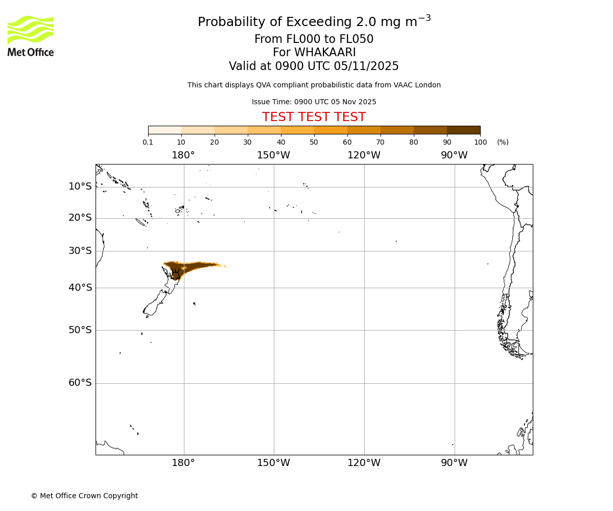 Probability of exceeding 2.0 milligrams per metre cubed. From 000 to 050 for WHAKAARI. Valid at 0900 UTC 05/11/2025