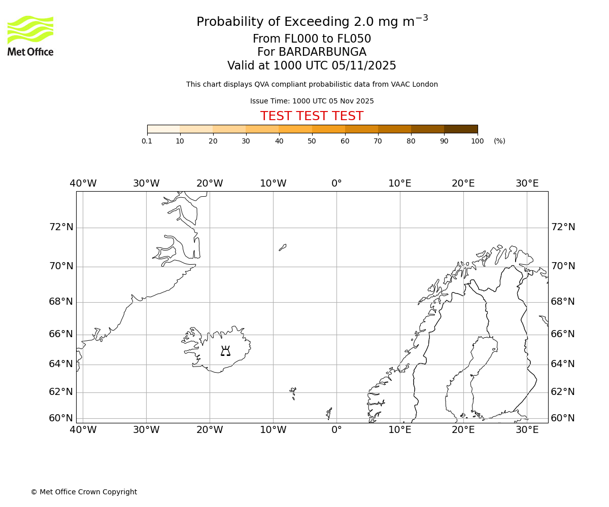 Probability of exceeding 2.0 milligrams per metre cubed. From 000 to 050 for BARDARBUNGA. Valid at 1000 UTC 05/11/2025