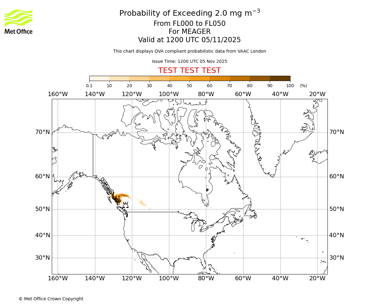 Probability of exceeding 2.0 milligrams per metre cubed. From 000 to 050 for MEAGER. Valid at 1200 UTC 05/11/2025