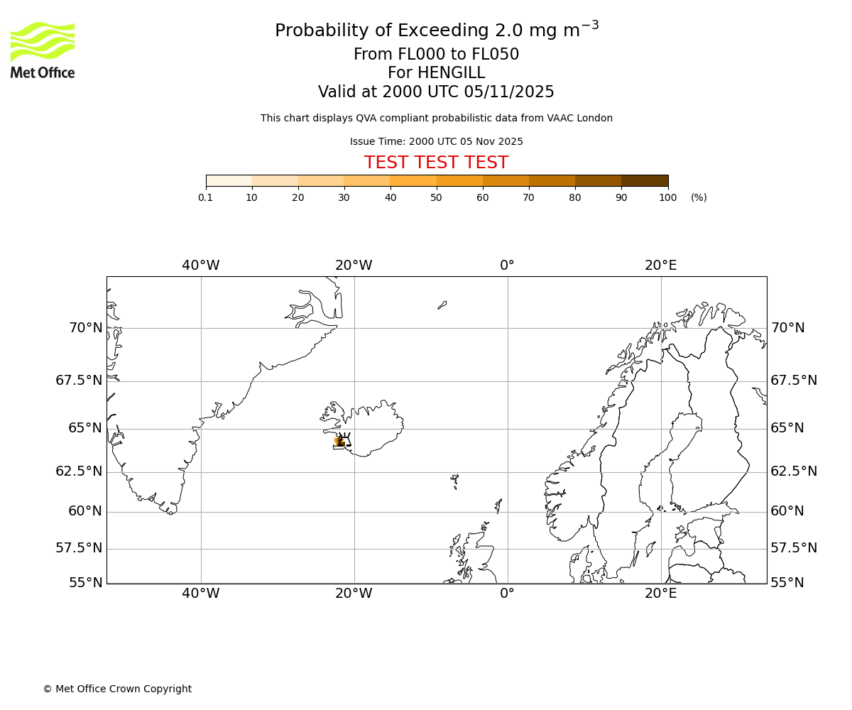 Probability of exceeding 2.0 milligrams per metre cubed. From 000 to 050 for HENGILL. Valid at 2000 UTC 05/11/2025