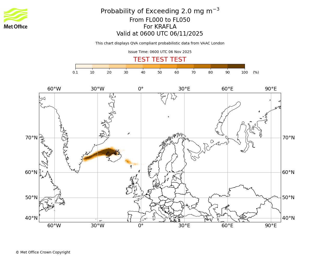 Probability of exceeding 2.0 milligrams per metre cubed. From 000 to 050 for KRAFLA. Valid at 0600 UTC 06/11/2025