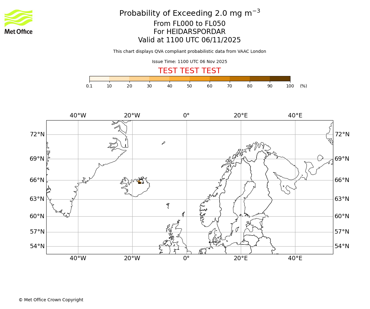 Probability of exceeding 2.0 milligrams per metre cubed. From 000 to 050 for HEIDARSPORDAR. Valid at 1100 UTC 06/11/2025