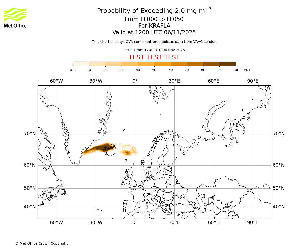Probability of exceeding 2.0 milligrams per metre cubed. From 000 to 050 for KRAFLA. Valid at 1200 UTC 06/11/2025