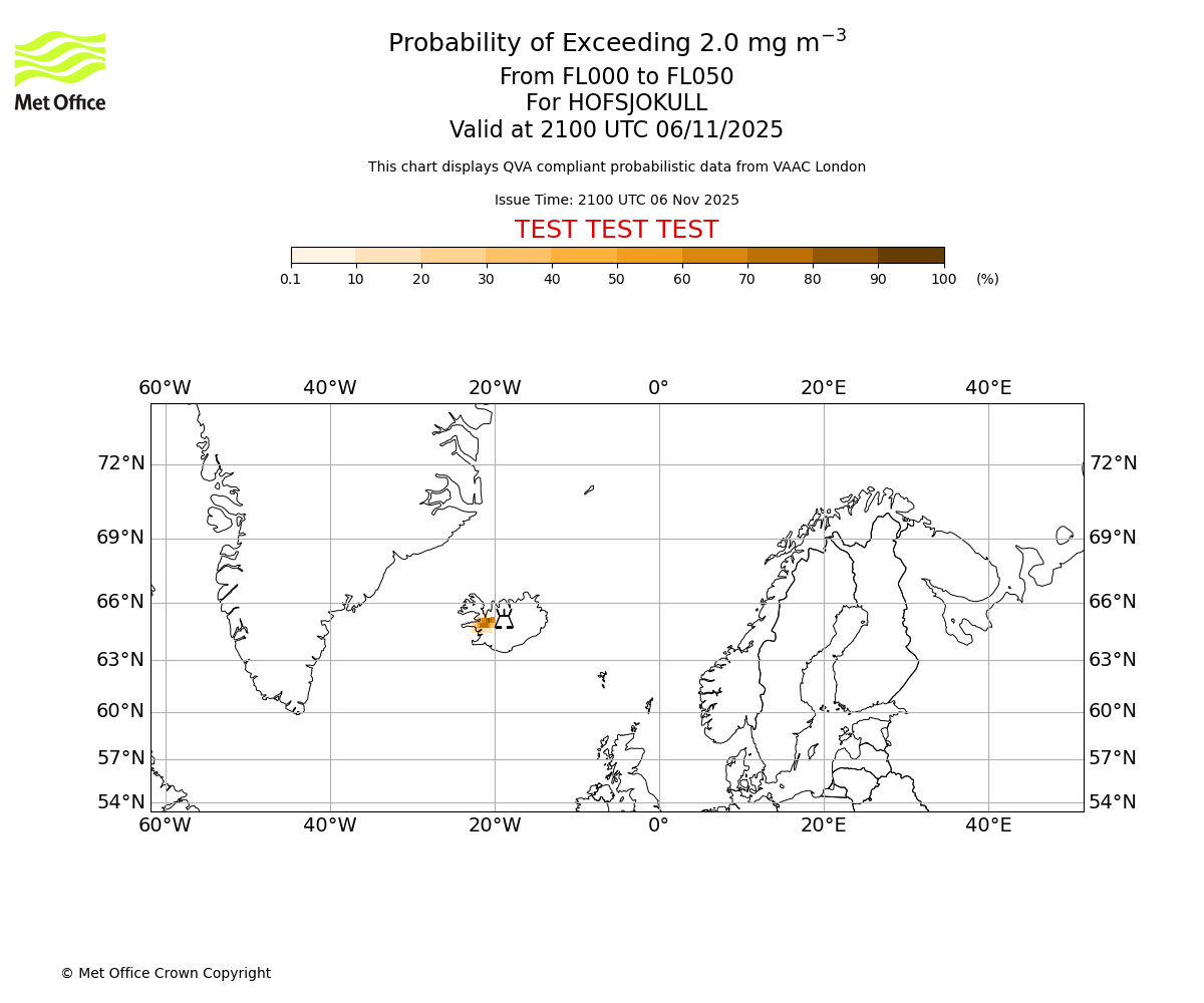 Probability of exceeding 2.0 milligrams per metre cubed. From 000 to 050 for HOFSJOKULL. Valid at 2100 UTC 06/11/2025