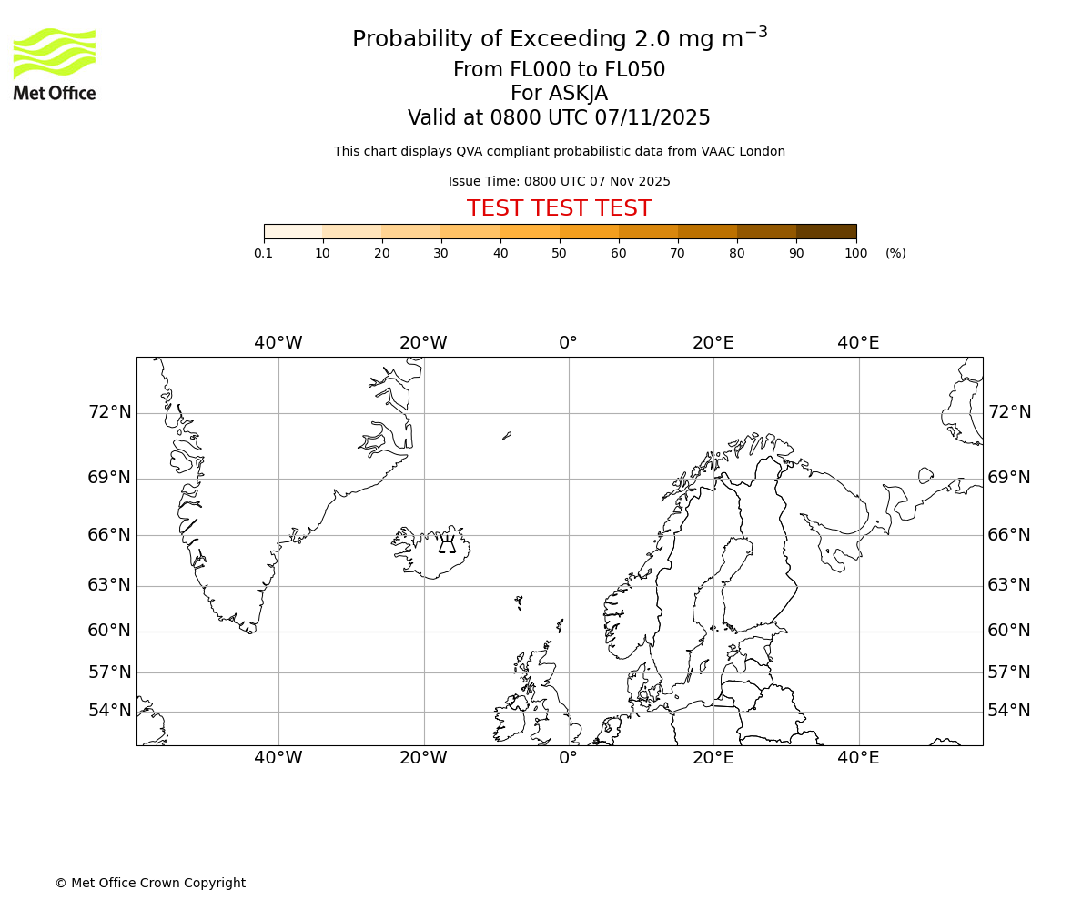 Probability of exceeding 2.0 milligrams per metre cubed. From 000 to 050 for ASKJA. Valid at 0800 UTC 07/11/2025