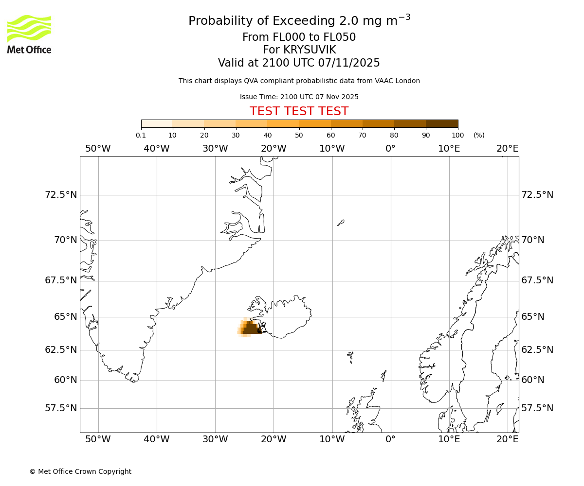 Probability of exceeding 2.0 milligrams per metre cubed. From 000 to 050 for KRYSUVIK. Valid at 2100 UTC 07/11/2025