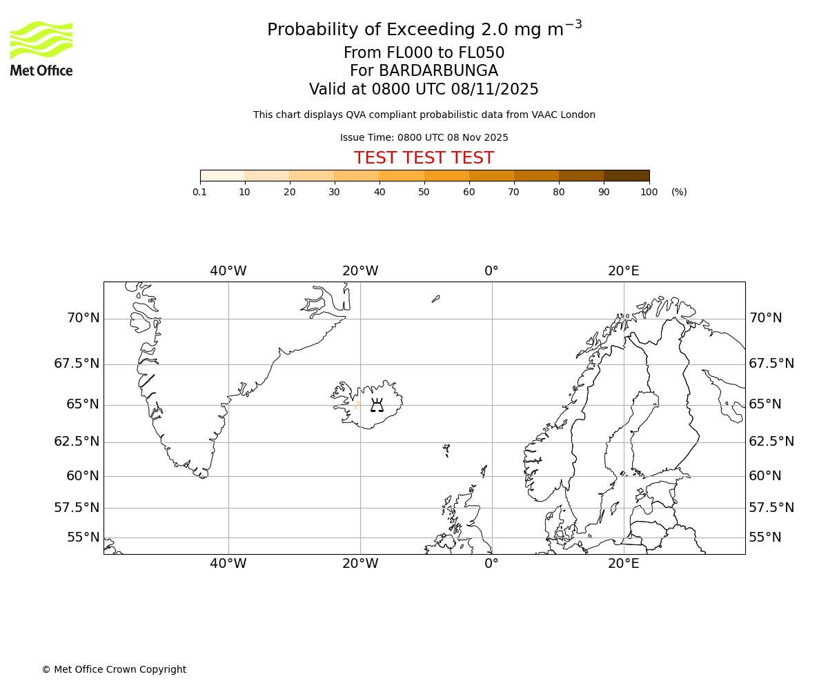 Probability of exceeding 2.0 milligrams per metre cubed. From 000 to 050 for BARDARBUNGA. Valid at 0800 UTC 08/11/2025