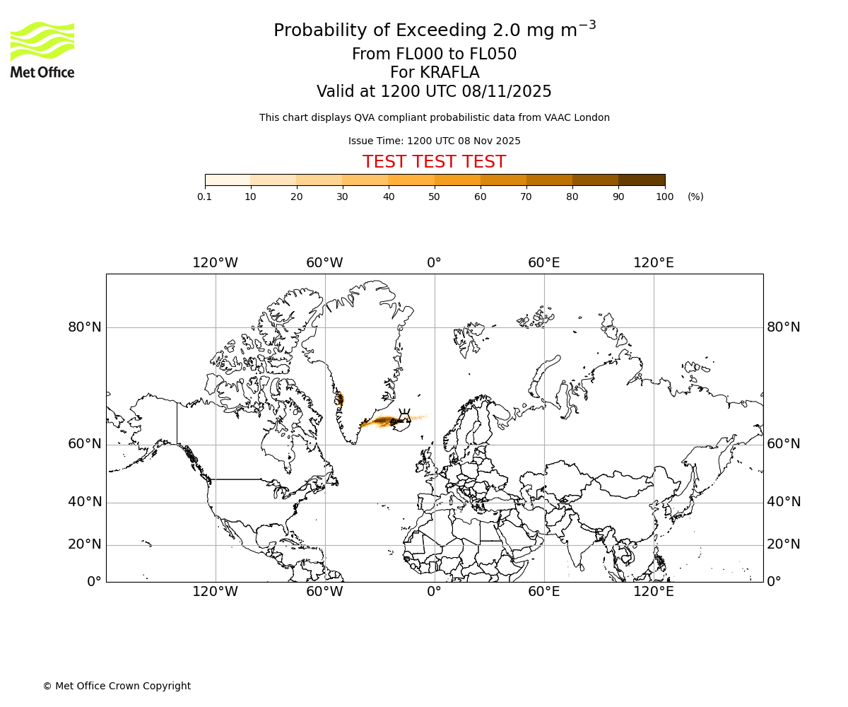 Probability of exceeding 2.0 milligrams per metre cubed. From 000 to 050 for KRAFLA. Valid at 1200 UTC 08/11/2025