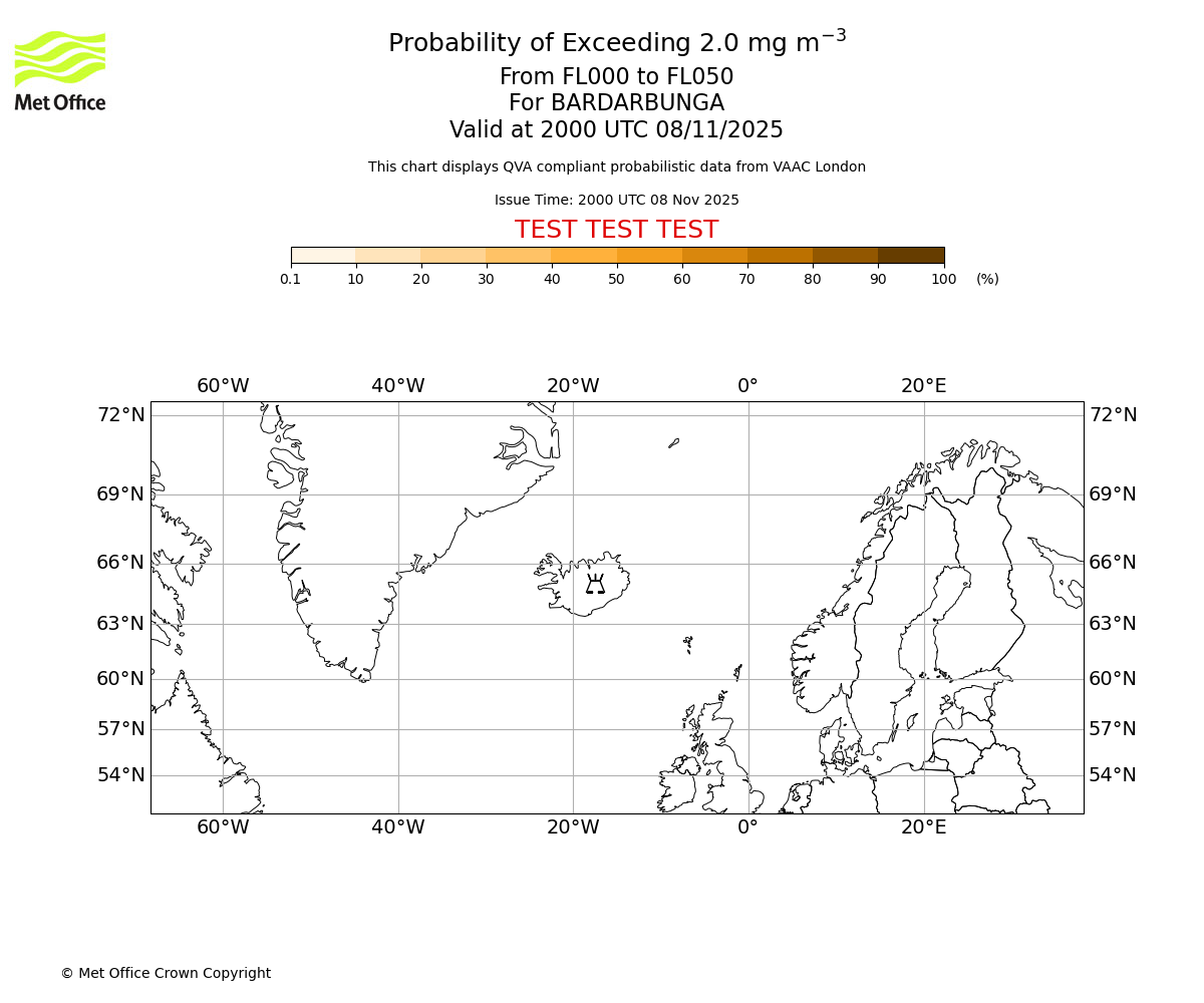 Probability of exceeding 2.0 milligrams per metre cubed. From 000 to 050 for BARDARBUNGA. Valid at 2000 UTC 08/11/2025